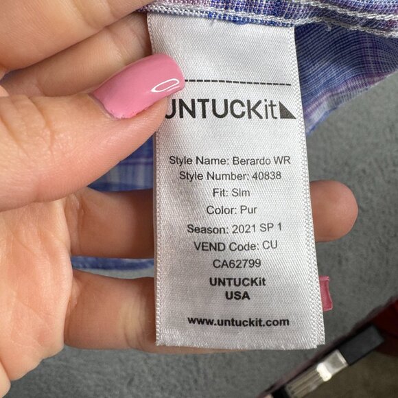 Untuckit Shirt Men XL Blue Tartan Plaid Wrinkle-Resistant Linen Slim Fit Berardo - Picture 10 of 11